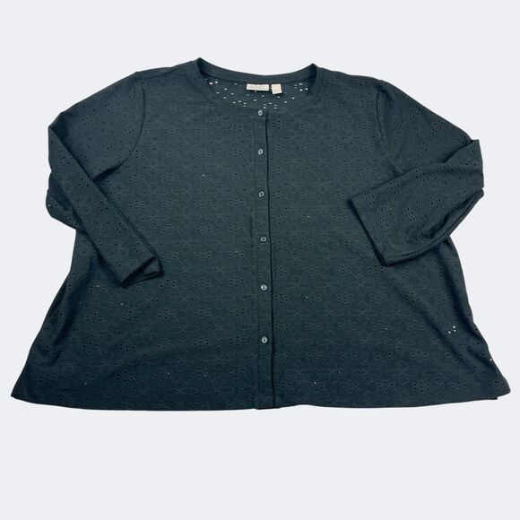 LOGO Lori Goldstein Eyelet Button Front Shirt Minimalist 3/4 Sleeve Black Top XL - Picture 1 of 10
